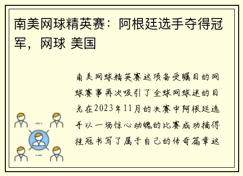 南美网球精英赛：阿根廷选手夺得冠军，网球 美国