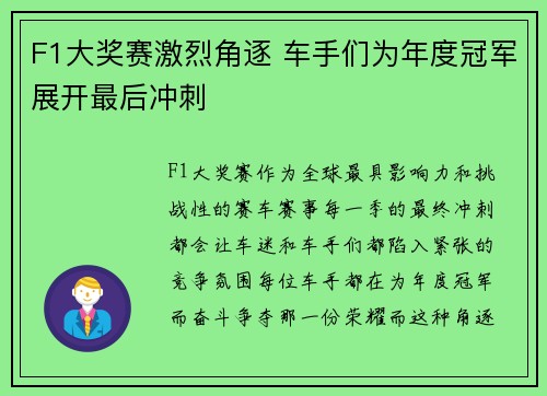 F1大奖赛激烈角逐 车手们为年度冠军展开最后冲刺